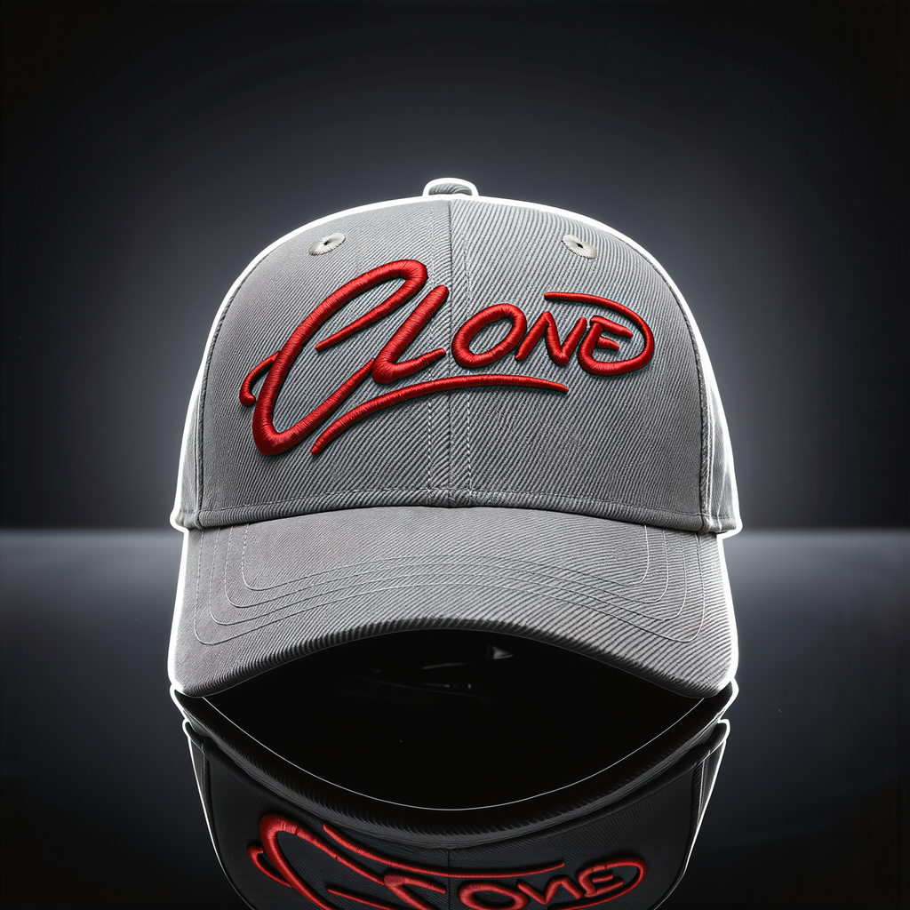 Signature Cap Fog front view – grey six-panel structured cap with puff Clone embroidery