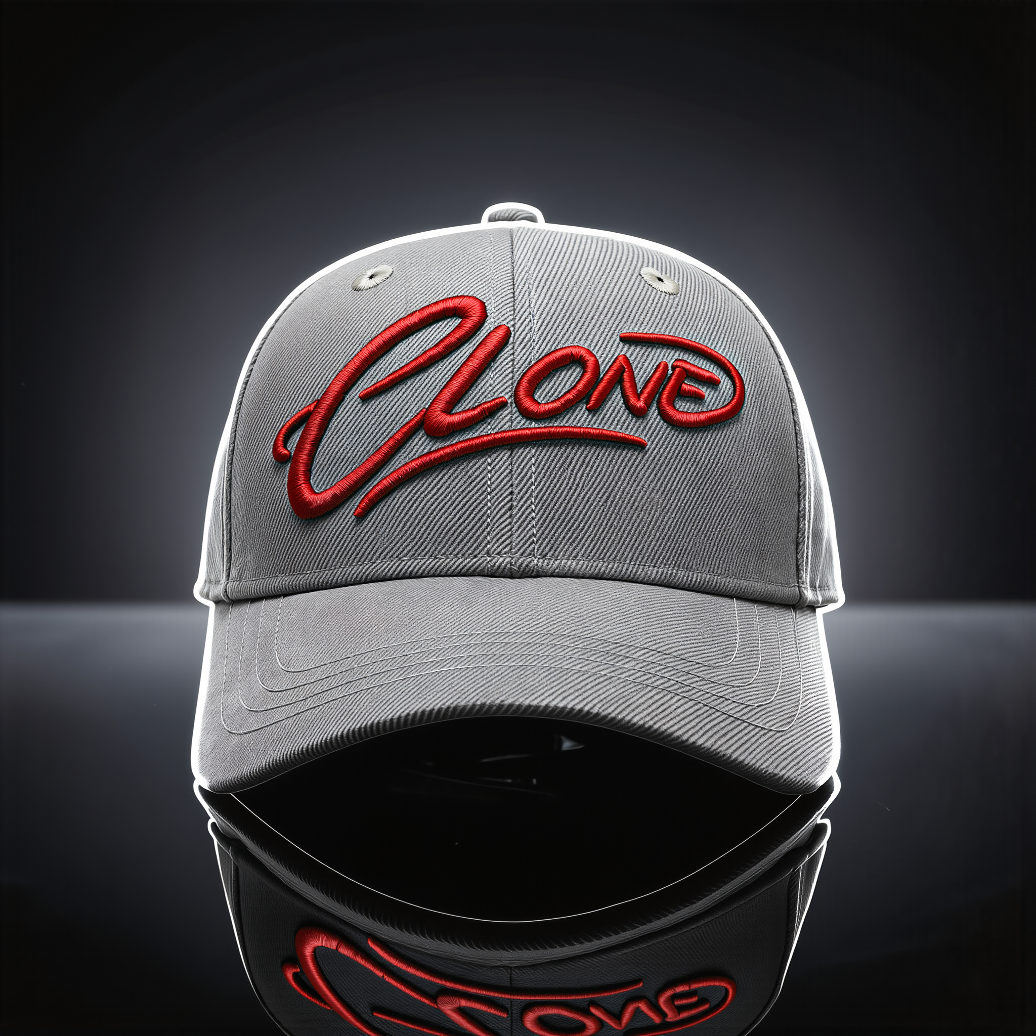 Signature Cap Fog front view – grey six-panel structured cap with puff Clone embroidery
