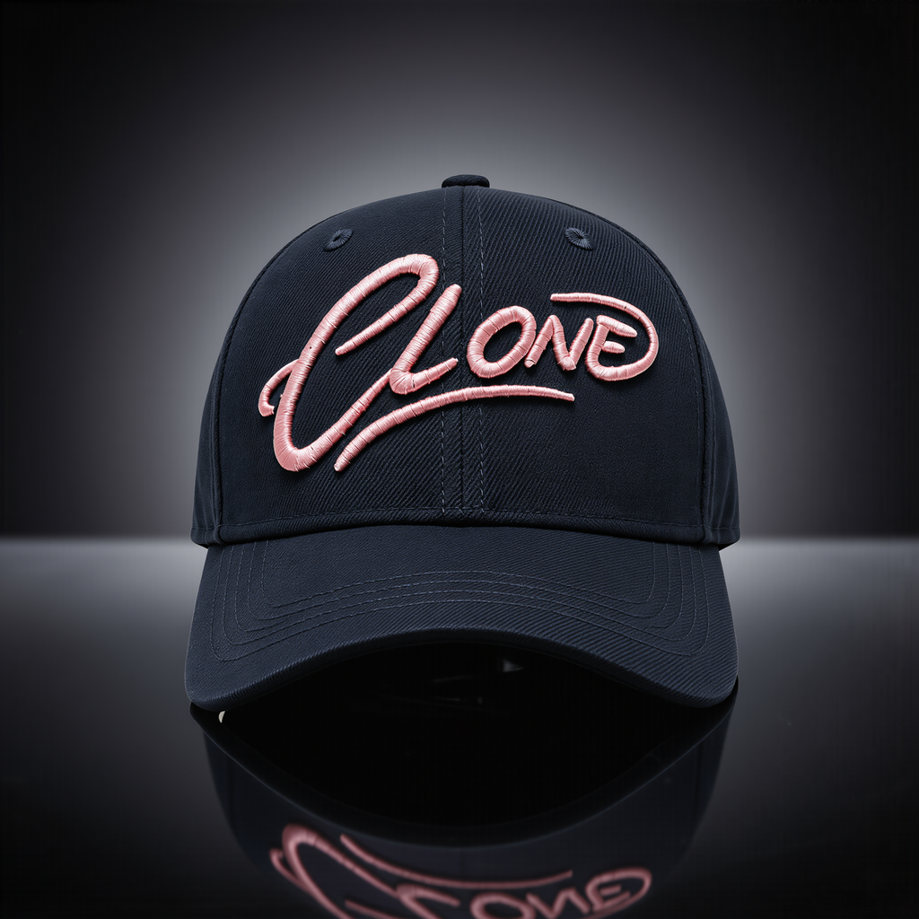 Signature Cap Midnight front view – navy six-panel structured cap with puff Clone embroidery