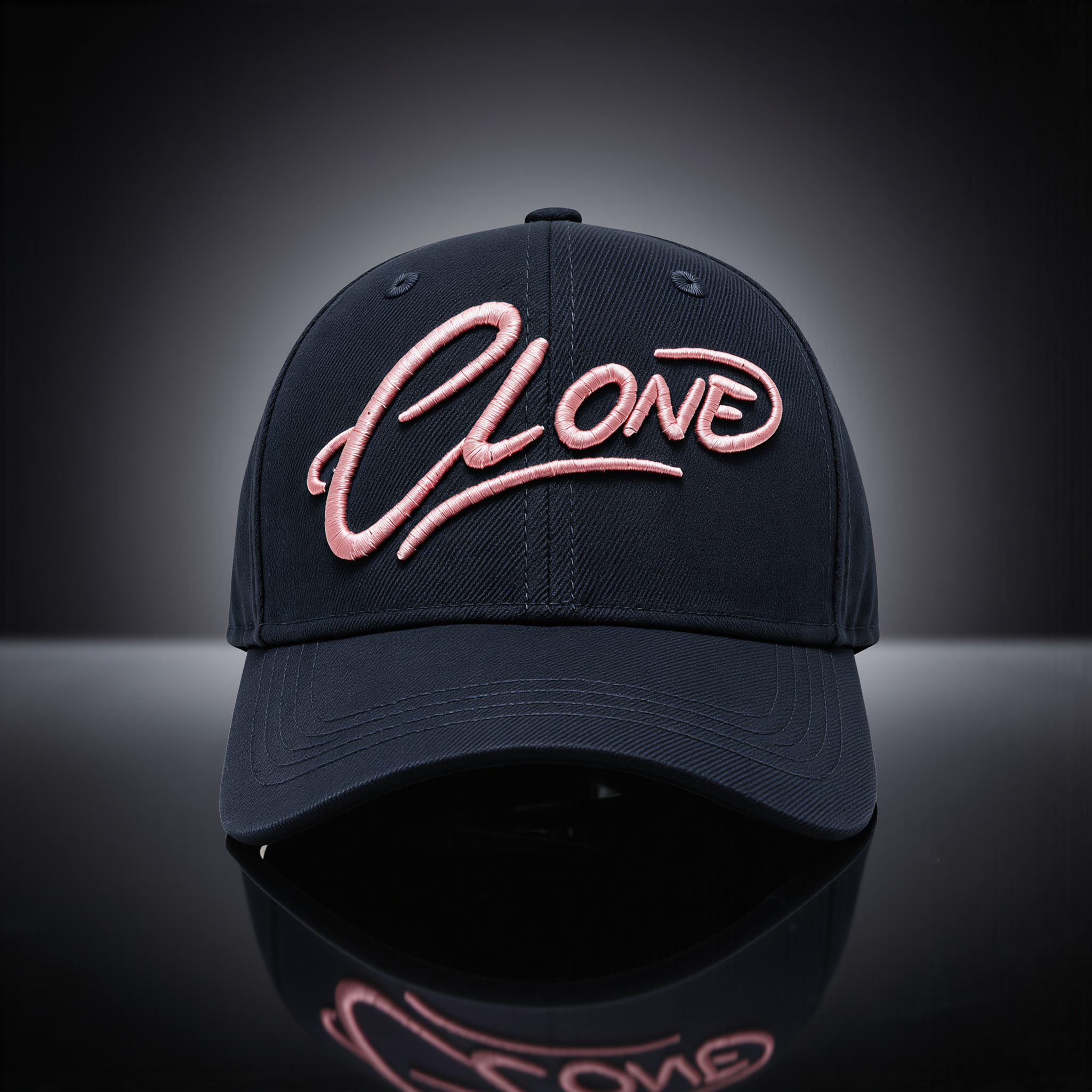 Signature Cap Midnight front view – navy six-panel structured cap with puff Clone embroidery