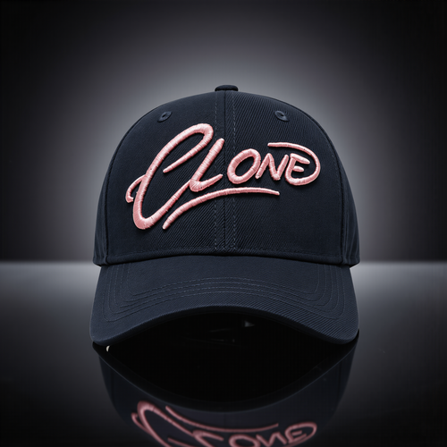 Signature Cap Midnight front view – navy six-panel structured cap with puff Clone embroidery