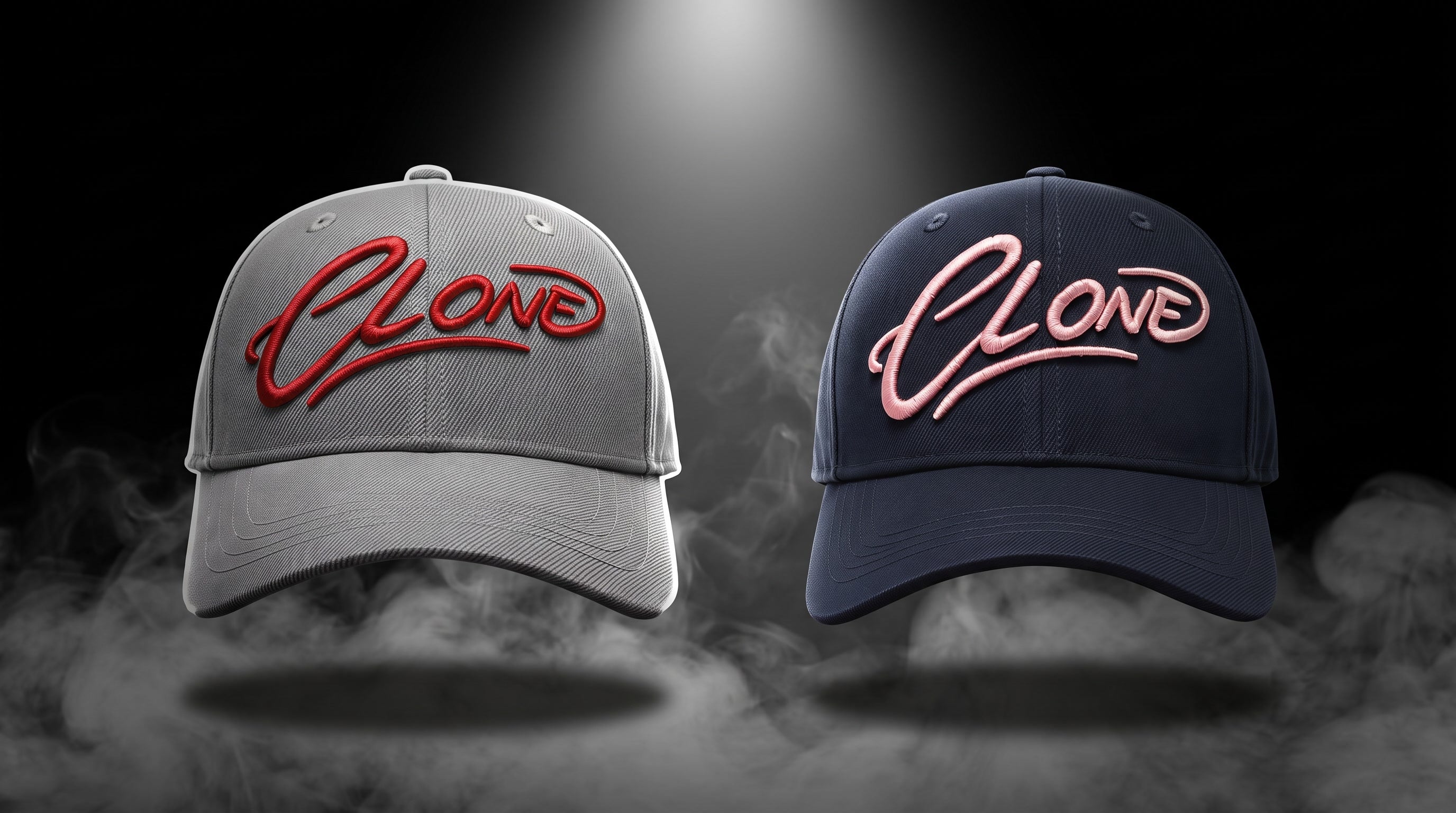Two baseball caps floating against a dark smoky background under a spotlight. The left cap is light gray with a red embroidered script reading 'CLONE'.